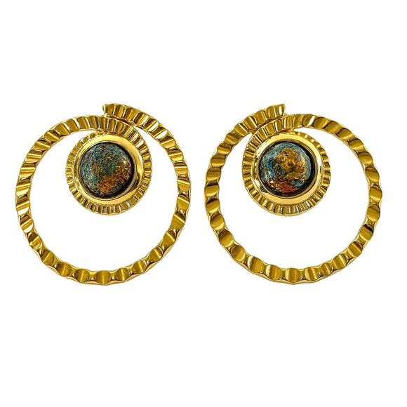 Vintage Gold-Tone Art Bead Hoop Earrings – Post Style – Retro Textured Circles - Picture 1 of 3